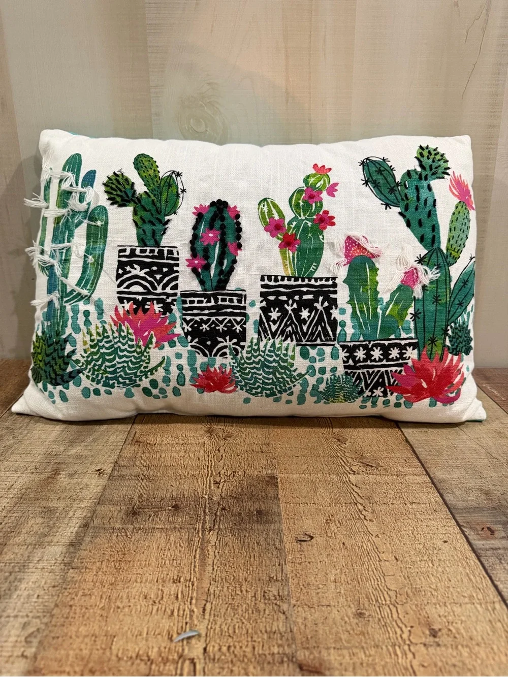 Throw Pillow- Rectangular Embroidered Cactus Pillow with Pink Accents 20”x13”